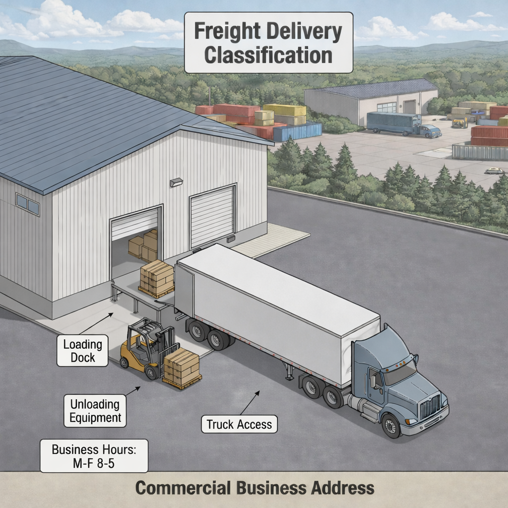 Commercial warehouse with loading dock, forklift, and semi-truck showing proper business freight delivery setup