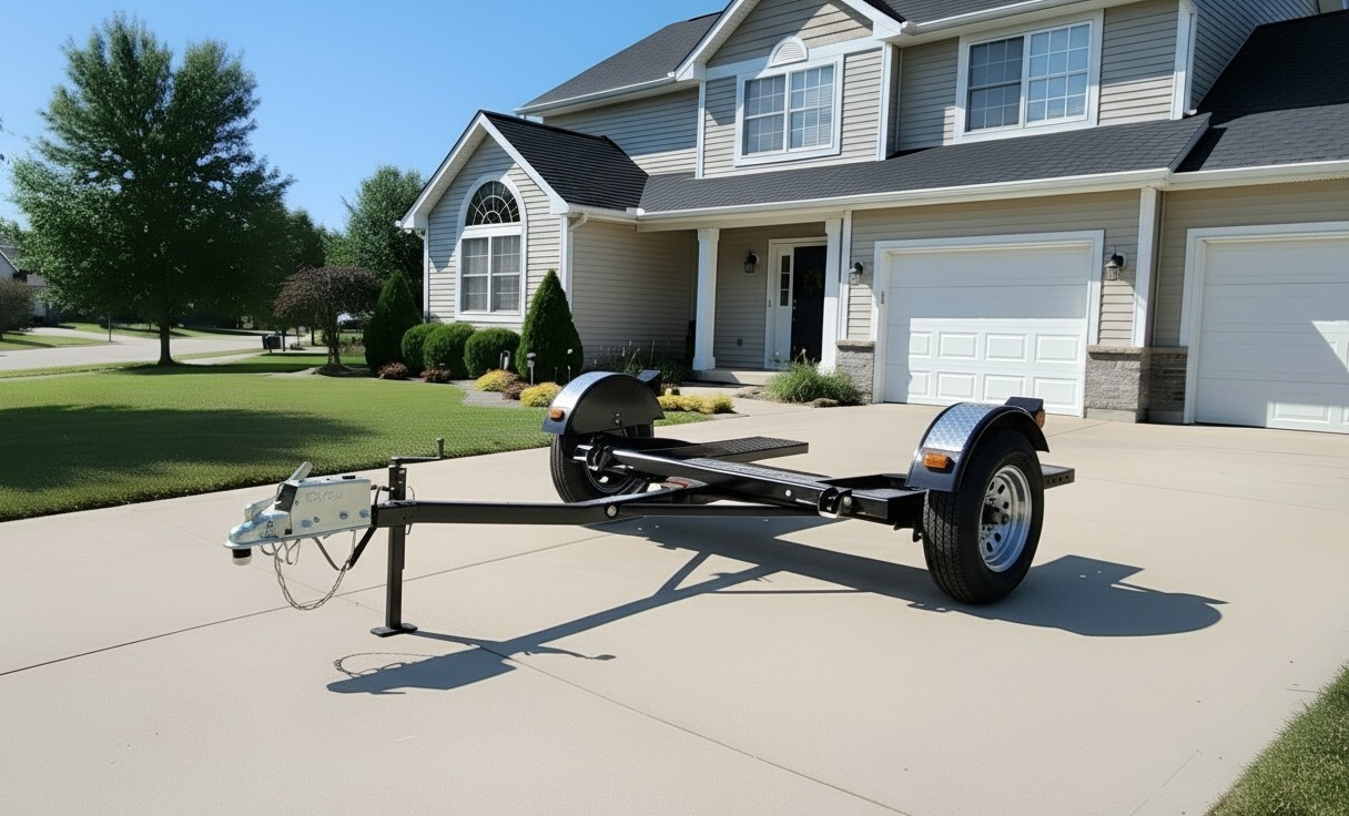 Car tow dolly parked in driveway, used for long-distance towing safety comparison