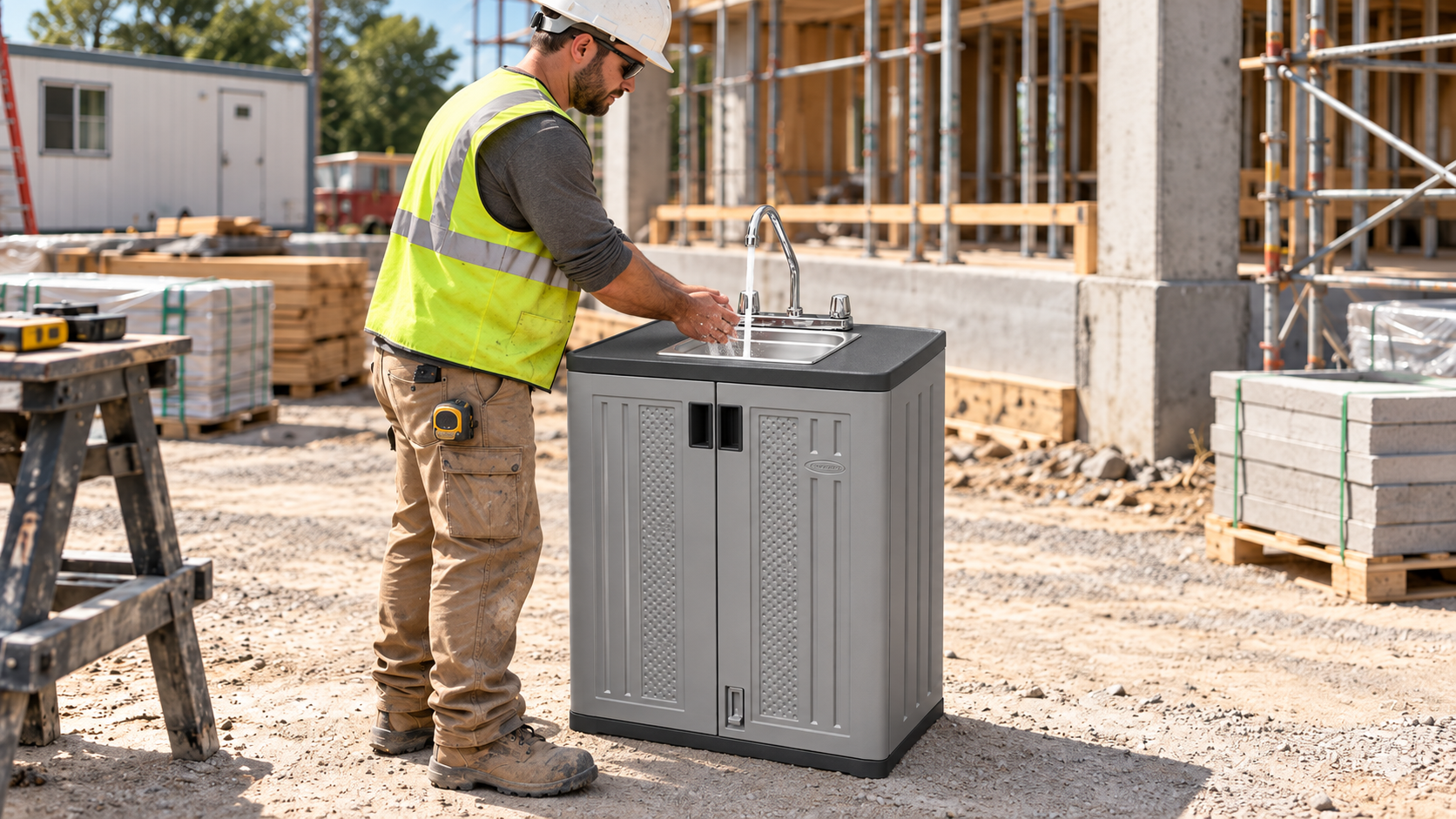Construction worker in a safety vest washing hands at a portable hand washing station on an active construction site.
