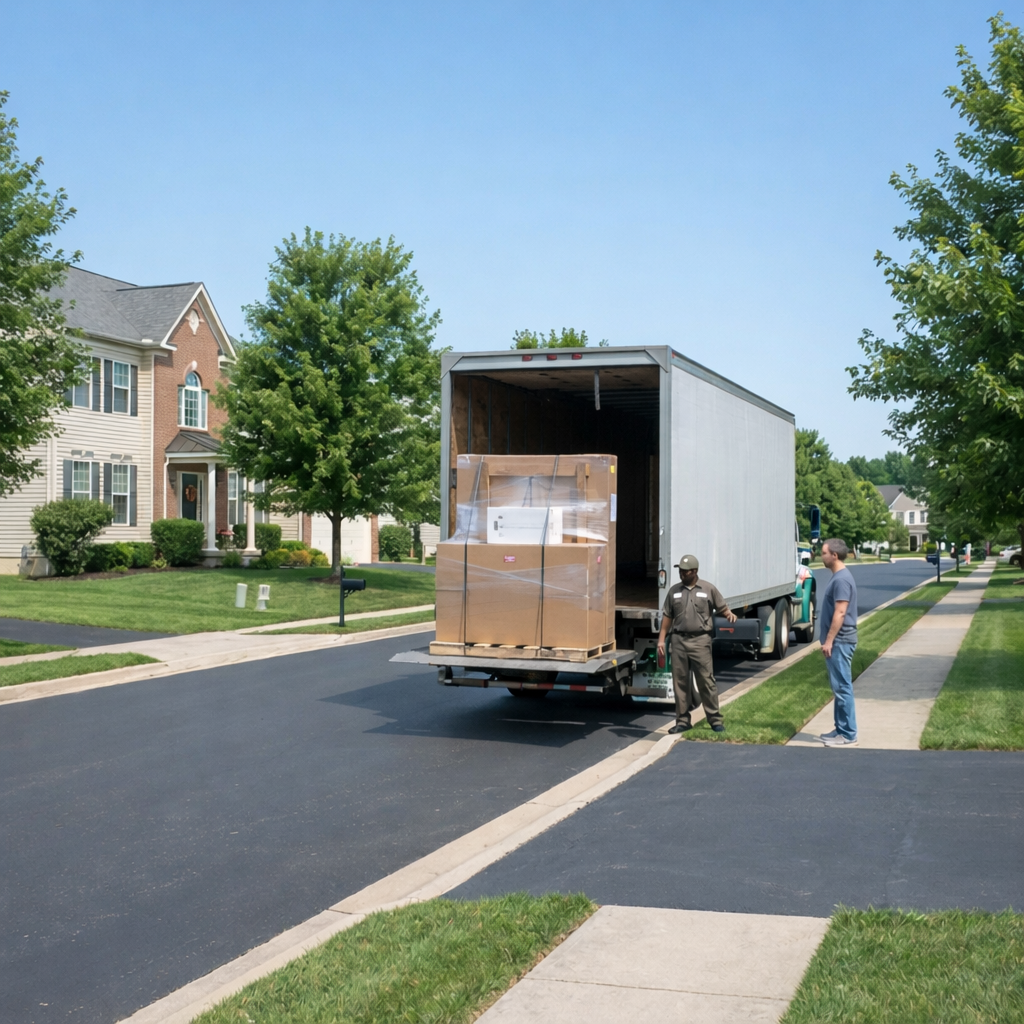 Curbside delivery truck unloading large boxed item outside suburban home with customer present