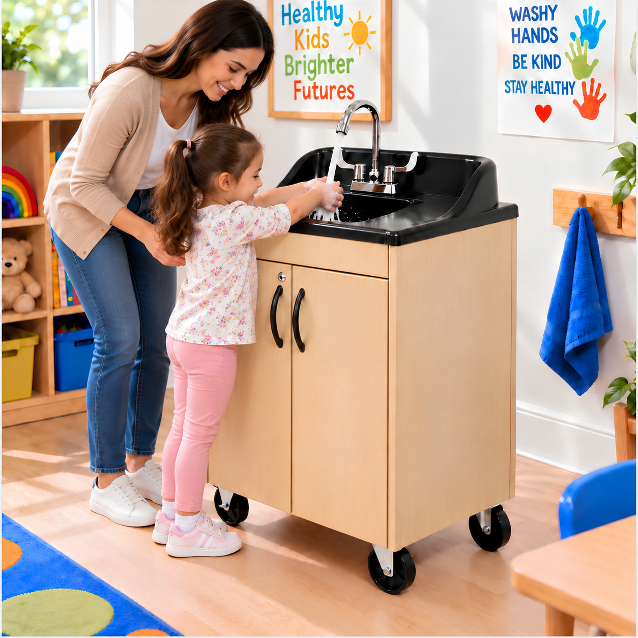Teacher supervises a young girl washing her hands at a portable handwashing station in a preschool classroom.
