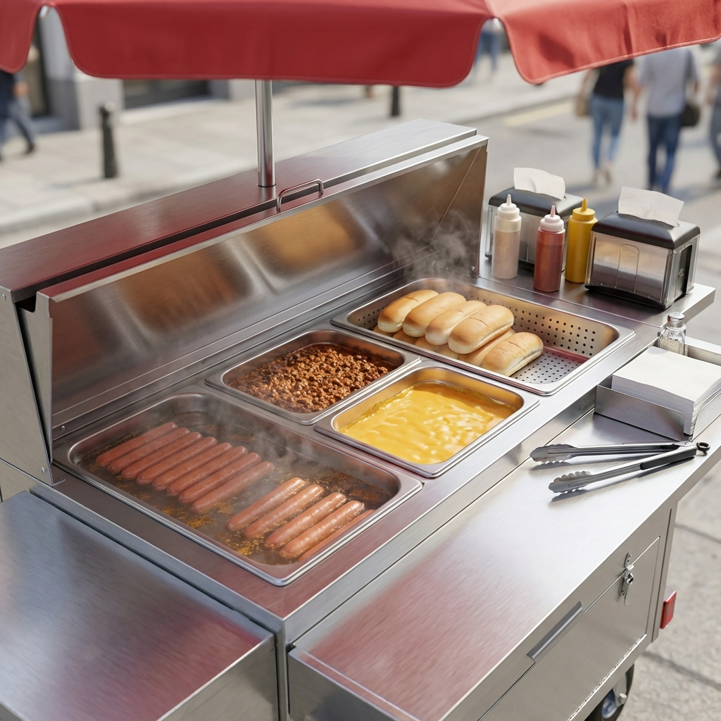 A professional hot dog cart steam table setup featuring various stainless steel pans filled with hot dogs, chili, and cheese, alongside a perforated pan for steaming buns under a red umbrella.