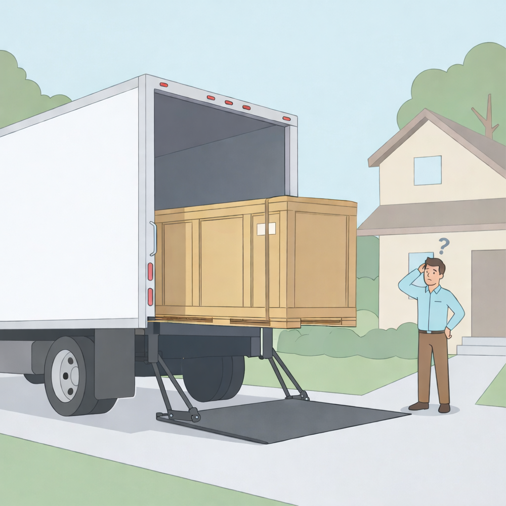 Freight truck using a liftgate to unload a large wooden crate at a residential driveway while homeowner looks confused.