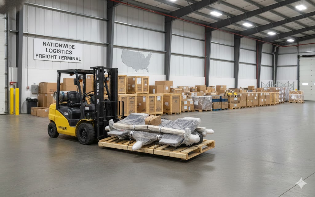 Tow dolly securely packaged on wooden pallet with protective wrap, showing shipping dimensions for freight transport