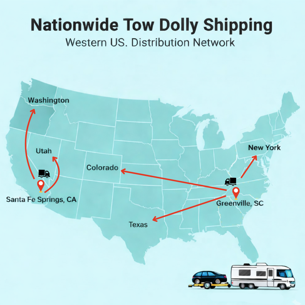 Nationwide tow dolly shipping map showing distribution routes from California and South Carolina across the US