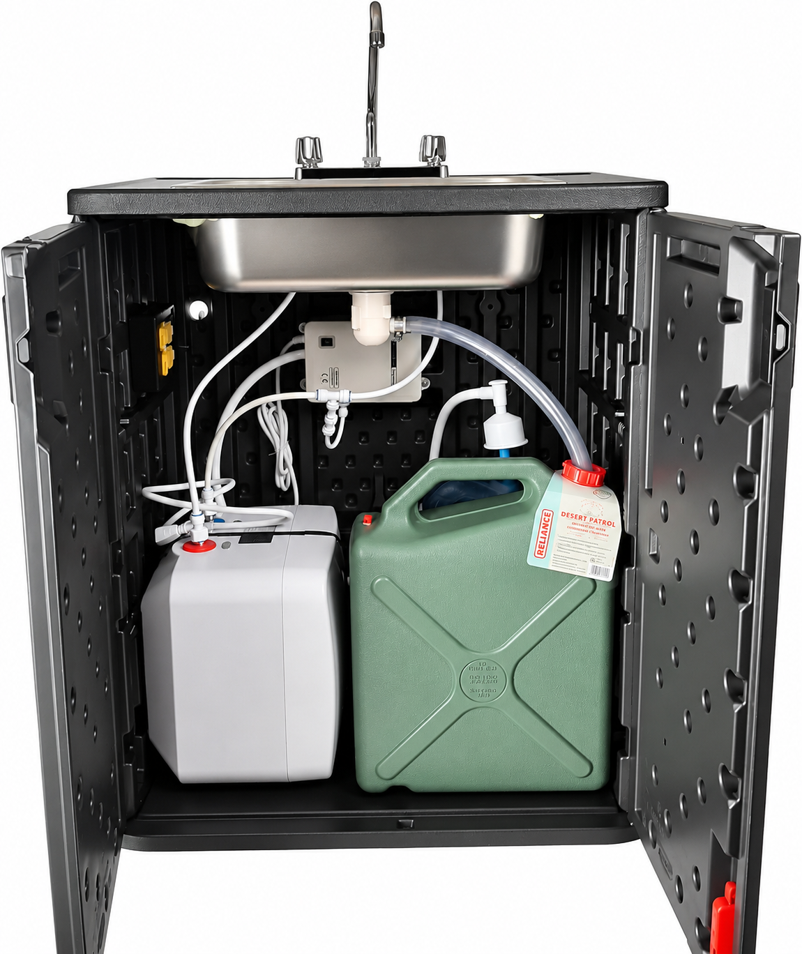 Portable handwashing station with open cabinet showing water tanks and internal plumbing connections