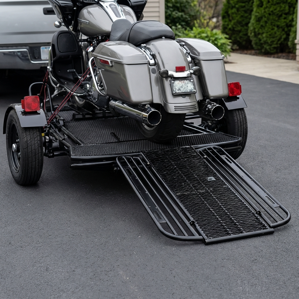 Motorcycle secured on a small tow trailer with a fold-down mesh ramp parked on a residential driveway