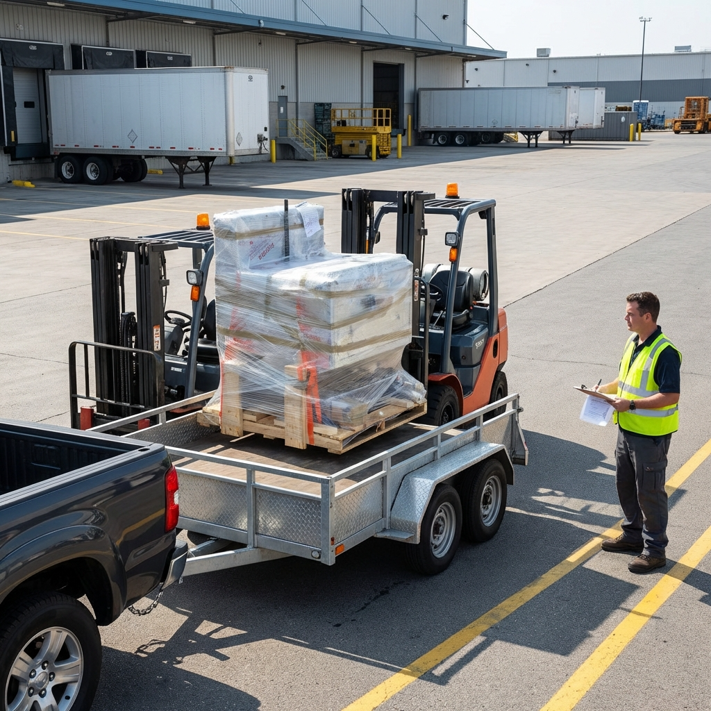 Forklifts loading a shrink-wrapped pallet onto a small utility trailer outside a warehouse while a worker checks paperwork.